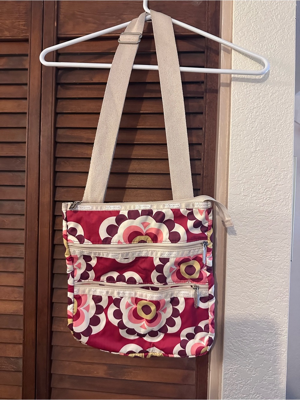 LeSportsac Retired Maroon Pink Floral Pattern Crossbody with Cream Strap